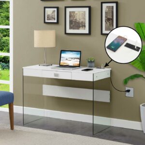 Convenience Concepts SoHo 30"H 42" W Glass Desk with Charging Station, White/Glass, All Ages