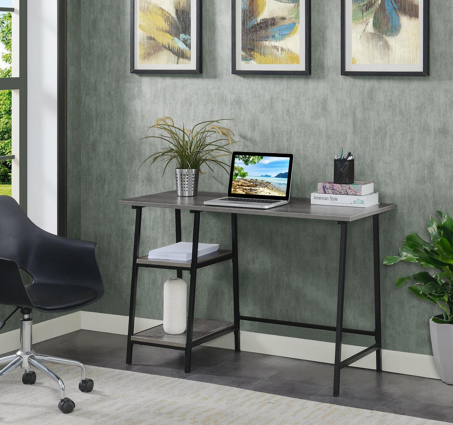 Designs2Go Trestle Desk in Weathered Gray Wood with Black Metal Frame