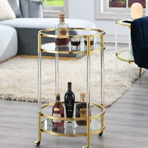 Royal Crest Two-Tier Acrylic Round Bar Cart in Clear Glass with Gold Metal Frame