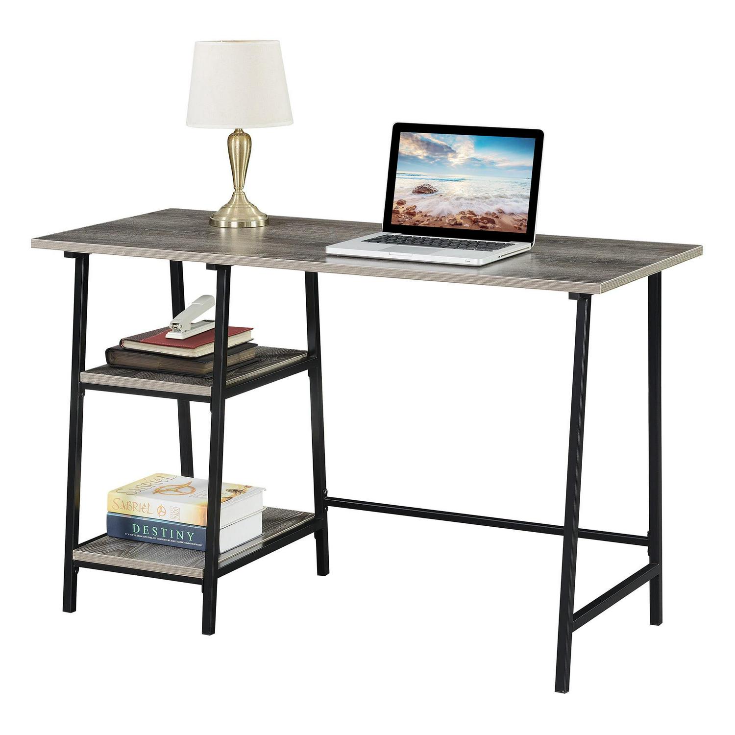 Designs2Go Trestle Desk in Weathered Gray Wood with Black Metal Frame - Image 2