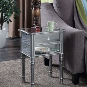 Convenience Concepts Gold Coast Mayfair 2 Drawer End Table, Antique Silver/Mirror (18" x 14" x 24")