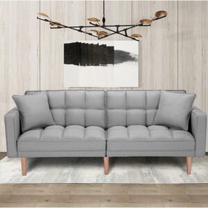 Convertible Futon Sofa Bed with 2 Pillows, Fabric Convertible Single Bed for Compact Living Space, Apartment, Dorm - Light Gray