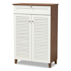 Baxton Studio Coolidge Modern and Contemporary White and Walnut Finished 5-Shelf Wood Shoe Storage Cabinet with Drawer