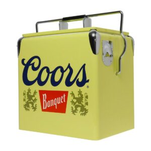 Coors Banquet Retro Ice Chest Cooler with Bottle Opener 13L (14 qt), 18 Can Capacity, Yellow and Silver, Vintage Style Ice Bucket for Camping, Beach, Picnic, RV, BBQs, Tailgating, Fishing