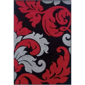 Linon Corfu Damask Frieze Yarn Pile 5'x7'7" Area Rug in Black & Red