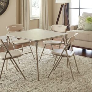 COSCO 34" Folding Card Table and 4 Resin Folding Chairs with Seatback Handles, Antique Linen