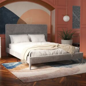 CosmoLiving Westerleigh Upholstered Platform Bed with Minimalist Tufted Headboard, Wooden Slat Support, No Box Spring Needed, Fabric Covered Legs, Queen, Light Gray Velvet
