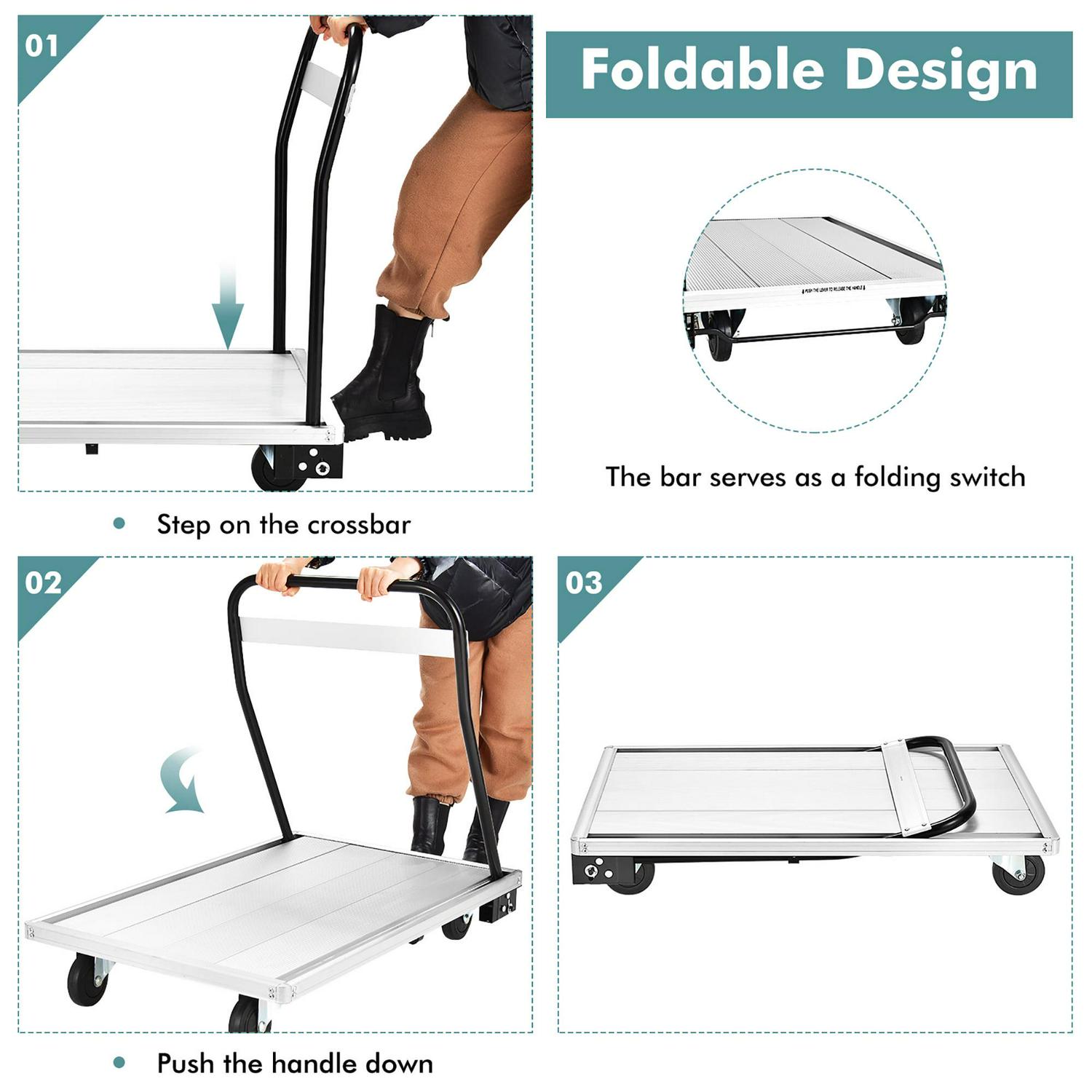 Costway Folding Aluminum Alloy Platform Truck 770 LBS Push Cart Dolly w/ 4 TPR Wheels - Image 9