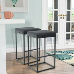 Counter Height 30" Bar Stools Set of 2 Armless Modern Square Barstools Upholstered Faux Leather Stools Farmhouse Island Metal Bar Stools, Black