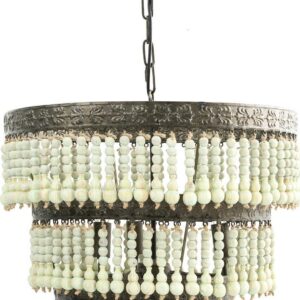 Creative Co-Op 3-Tier Round Metal Chandelier with 3 Lights & Hanging Wood Beads