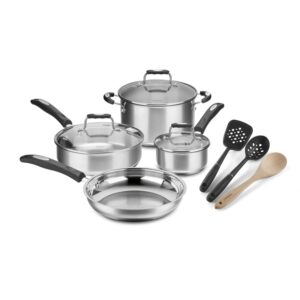 Cuisinart 10 Piece Stainless Steel Cookware Set, Black and Wooden Tools