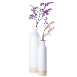 Set of 2 Elegant White Cylinder Shaped Tall Spun Bamboo Floor Vases, Embellished with a Glossy Lacquer, and Enhanced with Natural Bamboo Finish - Stylish Home Decor, Heights of 31 and 23.5 Inches