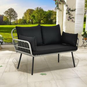 DEXTRUS Patio Loveseat Sofa, All-Weather Wicker Rattan 2 Seater Sofa with Black Cushions & Lumbar Pillows, Outdoor Patio Furniture Set