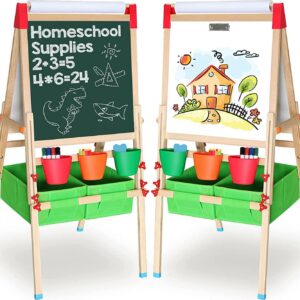 DUKE BABY 3-in-1 Kids Art Easel with Dry-Erase Board, Chalkboard, Paper Roll and Art Supply Storage- Green