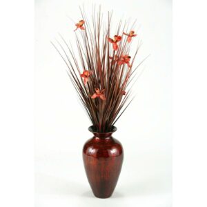 D&W Silks Brown Ting with Red Blossoms in Red/Gold Spun Bamboo Vase