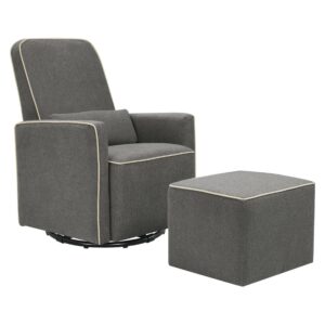 DaVinci Olive Upholstered Swivel Glider with Bonus Ottoman in Dark Grey with Cream Piping