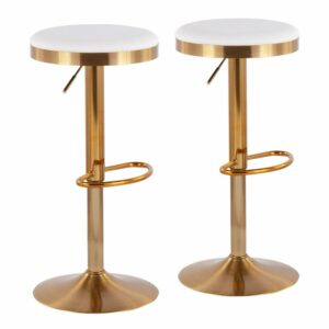 Dakota Contemporary Upholstered Adjustable Barstool In Gold Steel And White Faux Leather - Set Of 2
