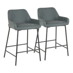 Daniella Industrial Counter Stool In Black Metal And Green Faux Leather - Set Of 2