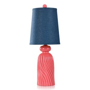 Dann Foley - Lifestyle Polyresin Table Lamp - Coral Pink Finish - Dark Blue Chambray Shade