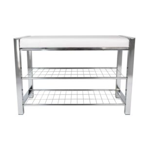 Danya B. White Leatherette Entryway Shoe Storage Bench with Chrome Metal Frame
