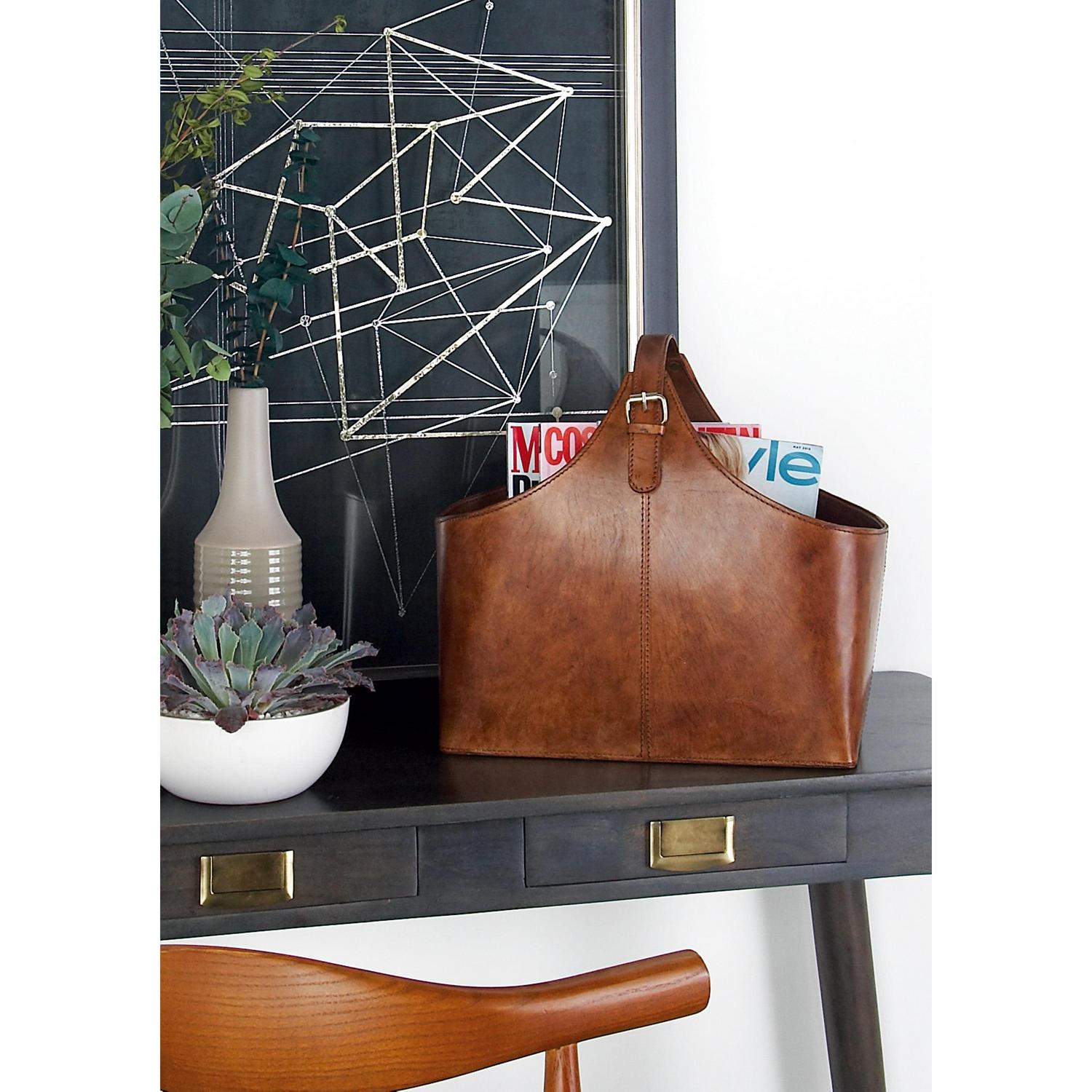 DecMode 15" Brown Leather Handmade Box Style Magazine Holder with Detail Stitching and Curved Buckle Handle - Image 2