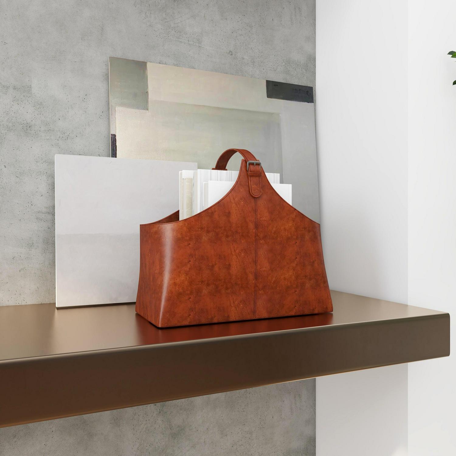 DecMode 15" Brown Leather Handmade Box Style Magazine Holder with Detail Stitching and Curved Buckle Handle - Image 9