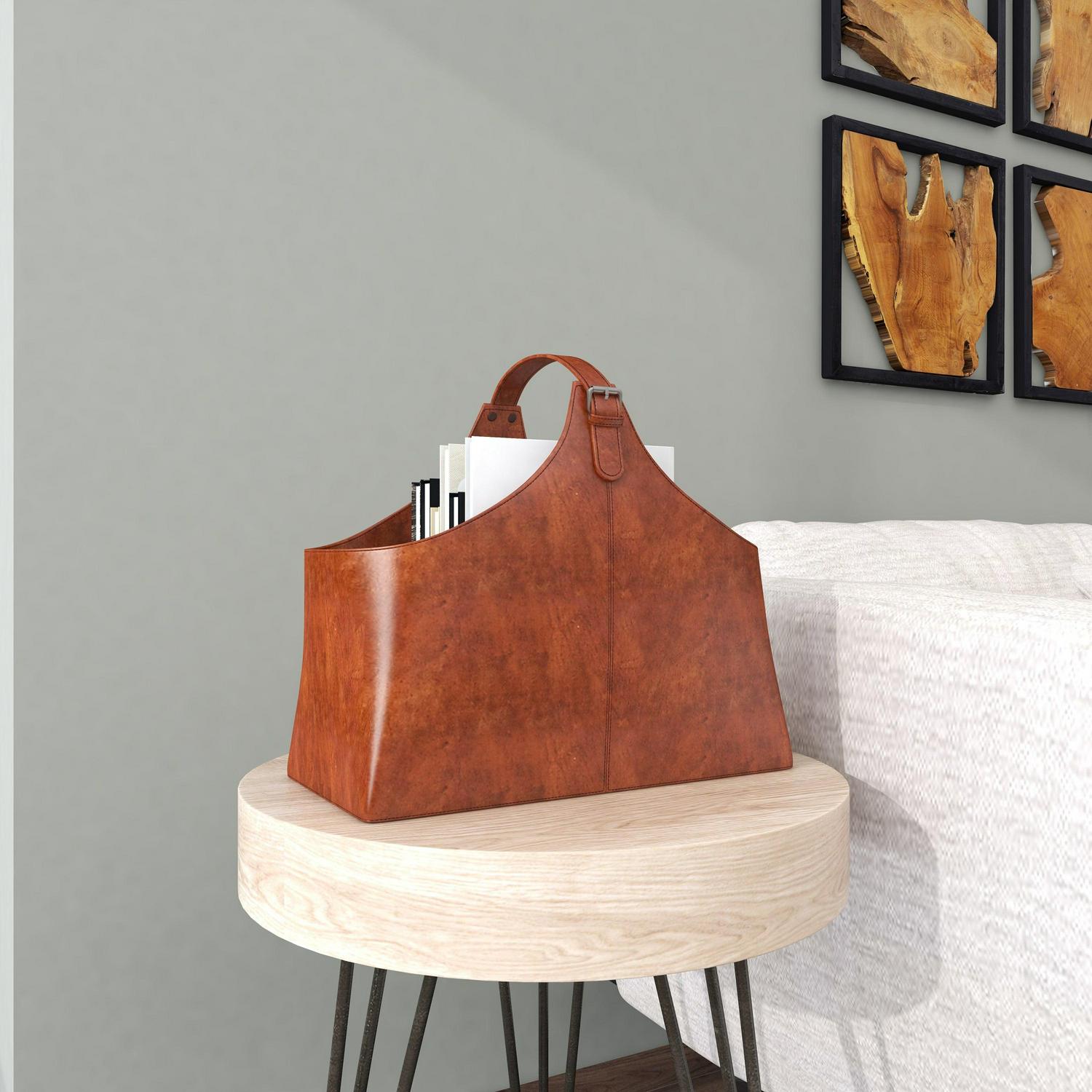 DecMode 15" Brown Leather Handmade Box Style Magazine Holder with Detail Stitching and Curved Buckle Handle - Image 8