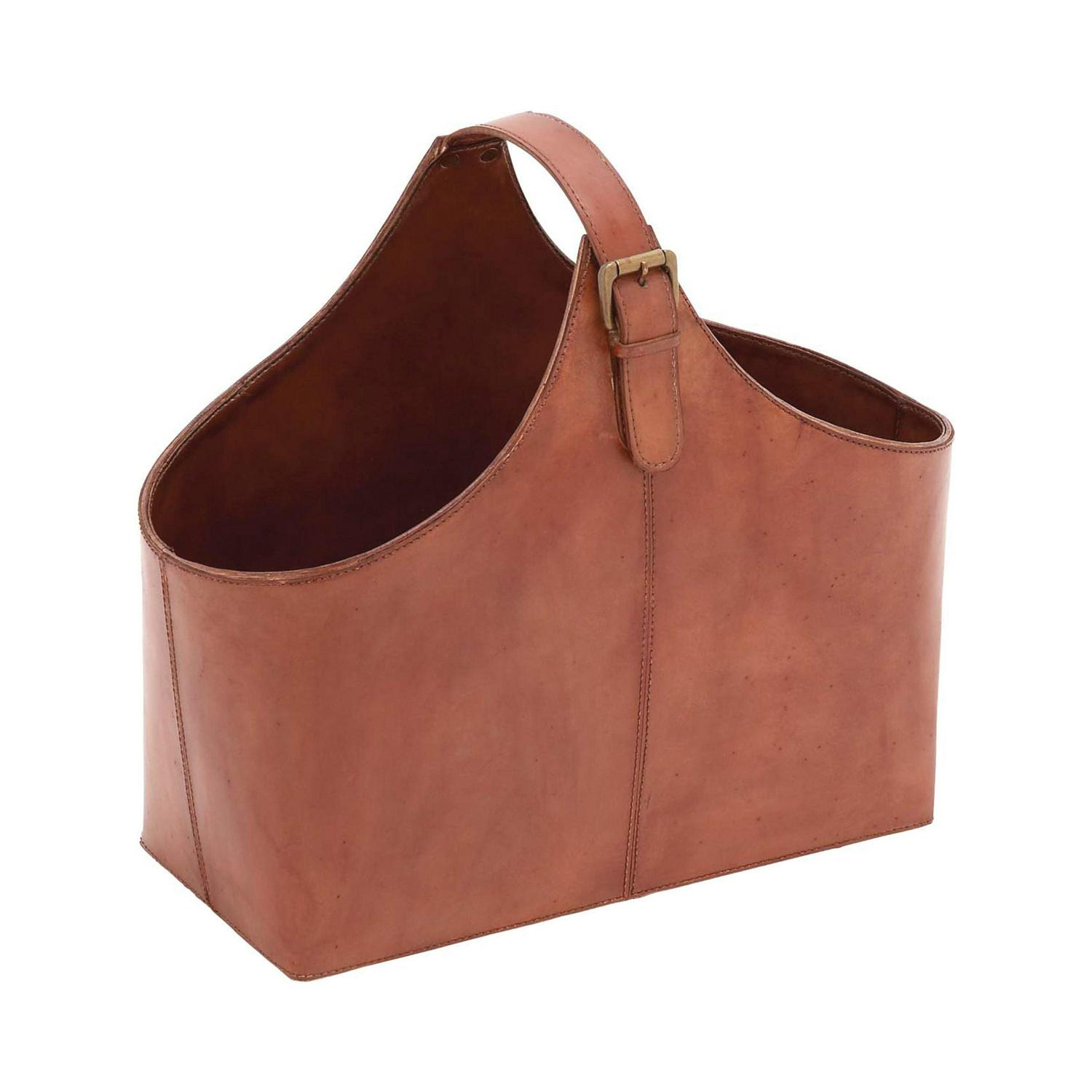 DecMode 15" Brown Leather Handmade Box Style Magazine Holder with Detail Stitching and Curved Buckle Handle - Image 6