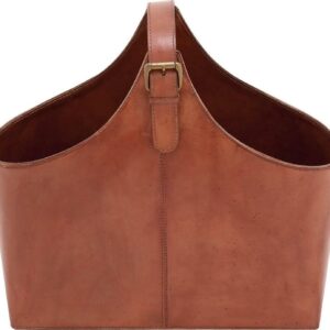 DecMode 15" Brown Leather Handmade Box Style Magazine Holder with Detail Stitching and Curved Buckle Handle