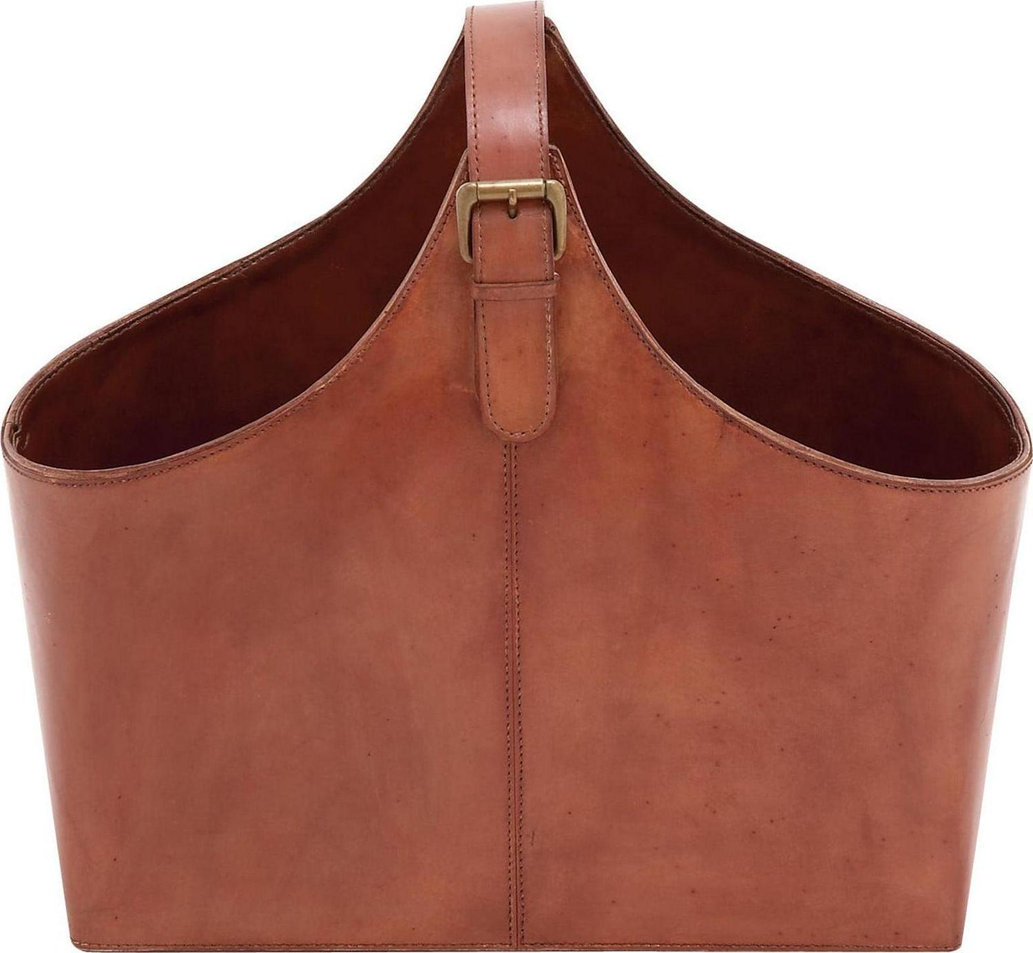 DecMode 15" Brown Leather Handmade Box Style Magazine Holder with Detail Stitching and Curved Buckle Handle