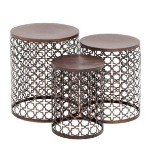 DecMode 16" x 20" Bronze Metal Handmade Accent Table with Laser Cut Design, 3-Pieces