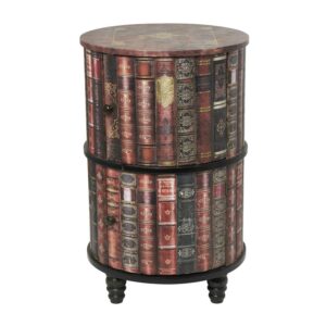 DecMode Red Faux Leather Circular Storage 2 Door Room Cabinet with Stacked Book Design and Scroll Details, 18" x 18" x 28"