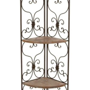 DecMode 18" x 66" Brown Metal Scroll Tall Folding 4 Shelf Bakers Rack with 4 Wooden Shelves, 1-Piece