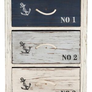 DecMode 19" x 30" Blue Wooden Small Distressed Anchor Chest with 3 Numbered Drawers and Rope Handles, 1-Piece