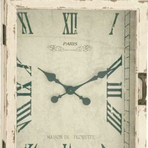 DecMode 20" x 34" White Wooden Finial Pocket Watch Style Wall Clock with Hinged Door