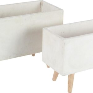 DecMode White Fiberclay Ceramic Rectangular Indoor Outdoor Planter with Brown Wooden Legs, Set of 2 21", 17"W