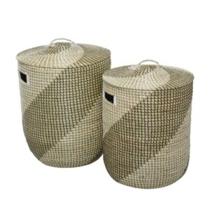 DecMode 24", 22"H Brown Seagrass Handmade Two Toned Storage Basket with Matching Lids, 2-Pieces