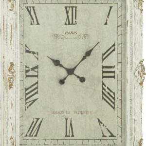 DecMode 27" x 36" White Wooden Scroll Carved Vintage Wall Clock with Gold Distressing