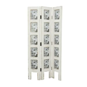 DecMode 27" x 51" White Wood Hinged Foldable Partition 3 Panel Room Divider Screen with 15 Photo Slots, 1-Piece