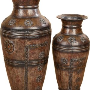DecMode 29", 22"H Floral Indoor Outdoor Large Brown Metal Vase with Evil Eye Relief, Set of 2