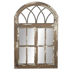 DecMode 30" x 48" Brown Arched Window Pane Wall Mirror with Cream Distressing and Metal Details