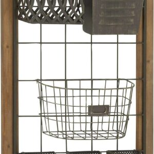 DecMode 32" Brown Metal Wall Storage Magazine Rack Holder with Suspended Baskets and Wood Frame