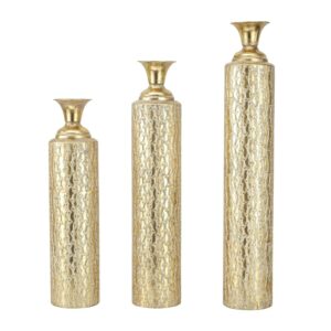 DecMode 34", 29", 25"H Tall Distressed Metallic Gold Metal Vase with Growing Vine Pattern, Set of 3