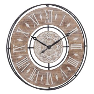 DecMode 34" Brown Metal Floral Wall Clock with Wood Accents