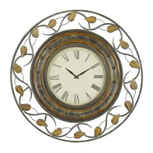 DecMode 36" Brown Metal Leaf Medallion Wall Clock with Scrolled Vines and Floral Accents