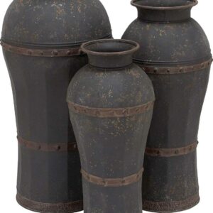 DecMode 37", 33", 29"H Distressed Dark Gray Metal Vase with Rivet Details, Set of 3