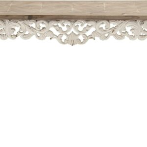 DecMode 46" x 30" White Wood Intricately Carved Scroll Console Table with Brown Wood Top, 1-Piece