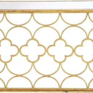 DecMode 49" x 31" Gold Metal Quatrefoil Design Geometric Console Table with Mirrored Glass Top, 1-Piece
