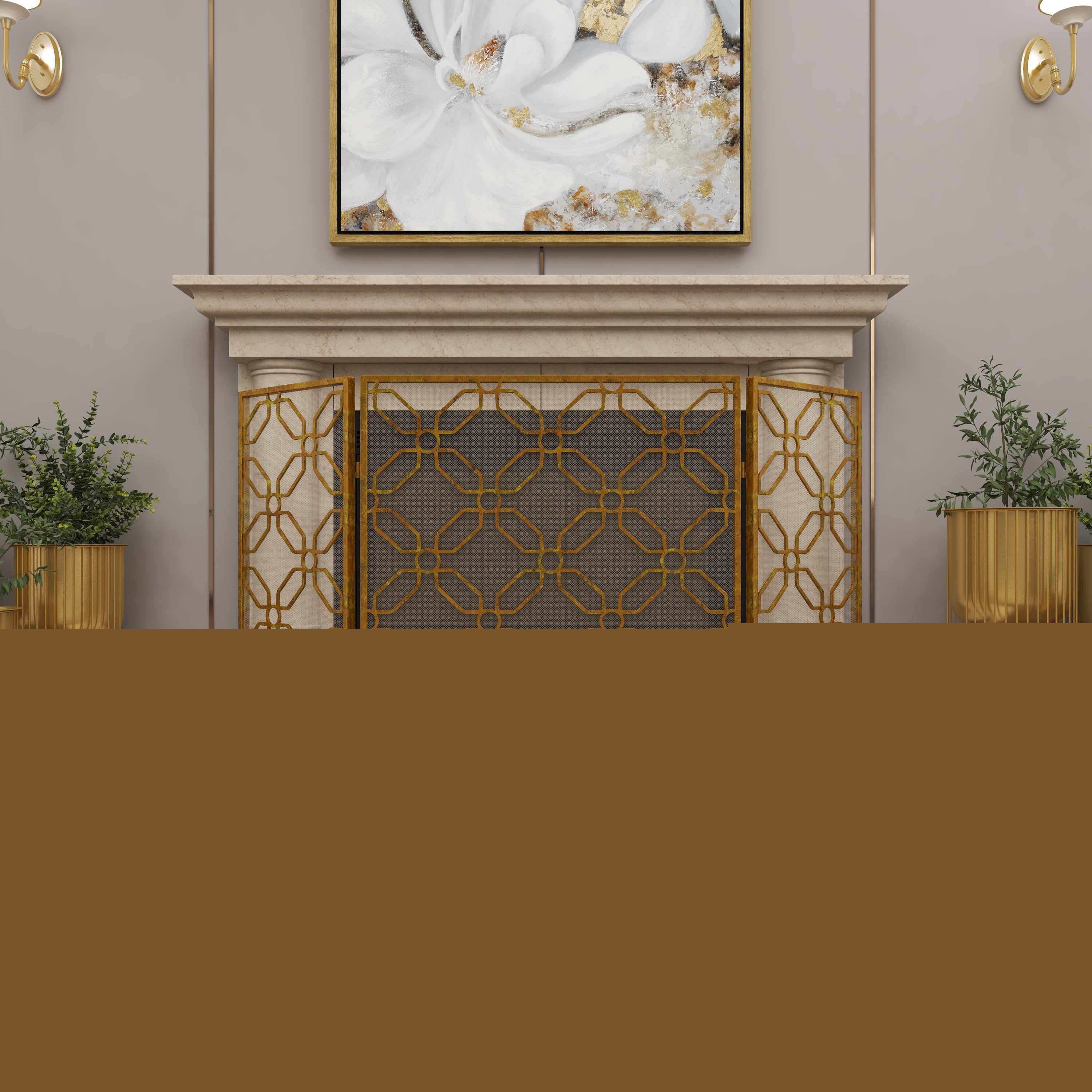 DecMode 53" x 31" Gold Metal Foldable Mesh Netting 3 Panel Geometric Fireplace Screen, 1-Piece - Image 10
