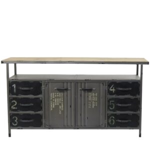 DecMode 56" x 30" Gray Metal Army Surplus Style 2 Door and 6 Drawer Sideboard with Numbers and Text, 1-Piece